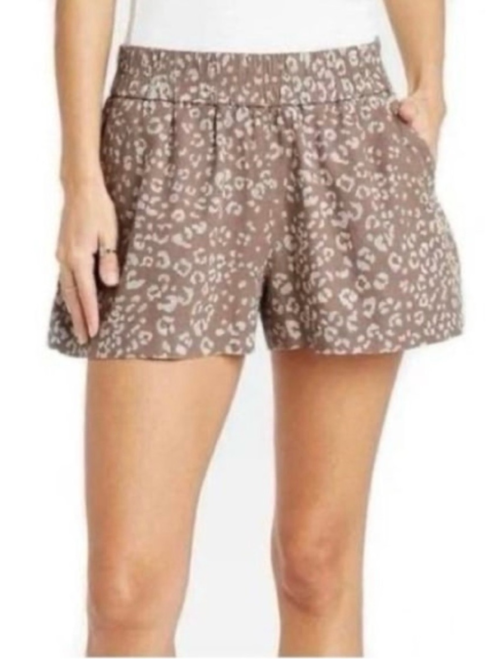 A New Day Taupe Leopard Print Boho Western Linen Blend High-Waist Pull-On Shorts